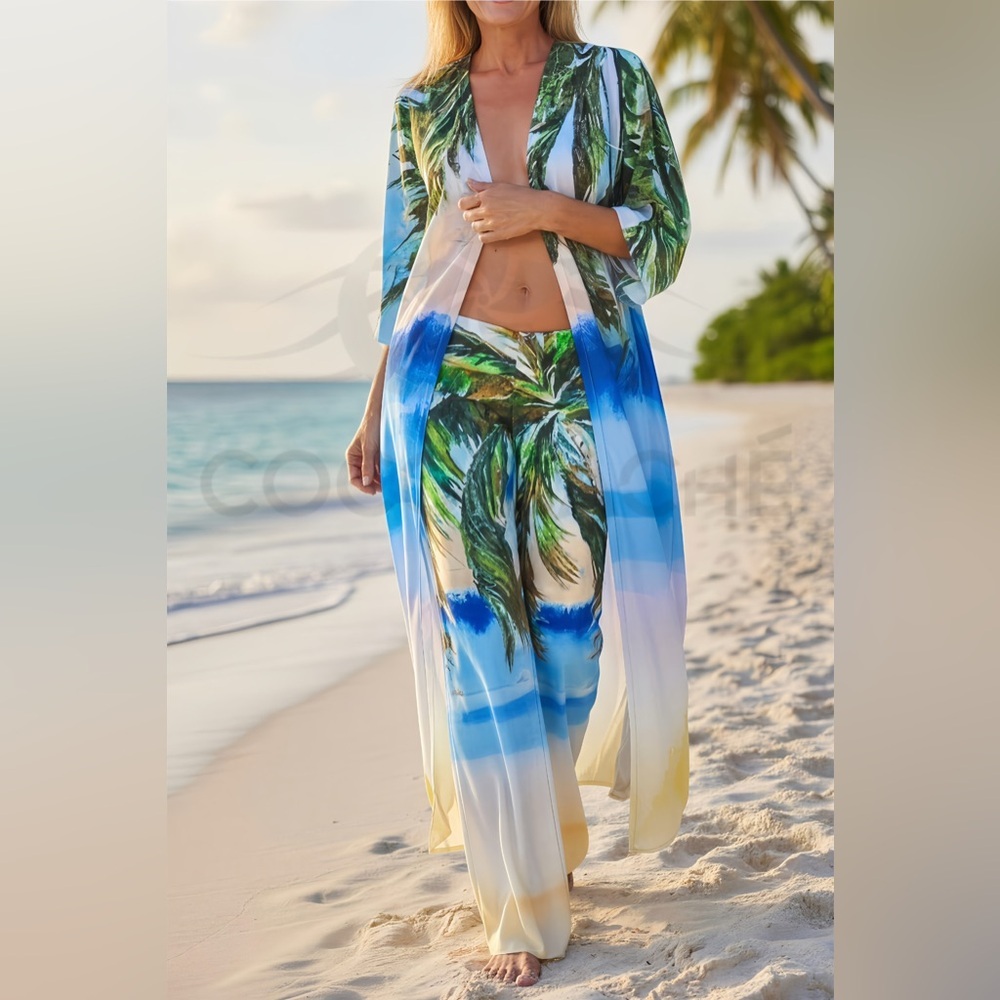 Luxury Two Piece Set Coco Palm Print Kimono Duster Kaftan Coverup